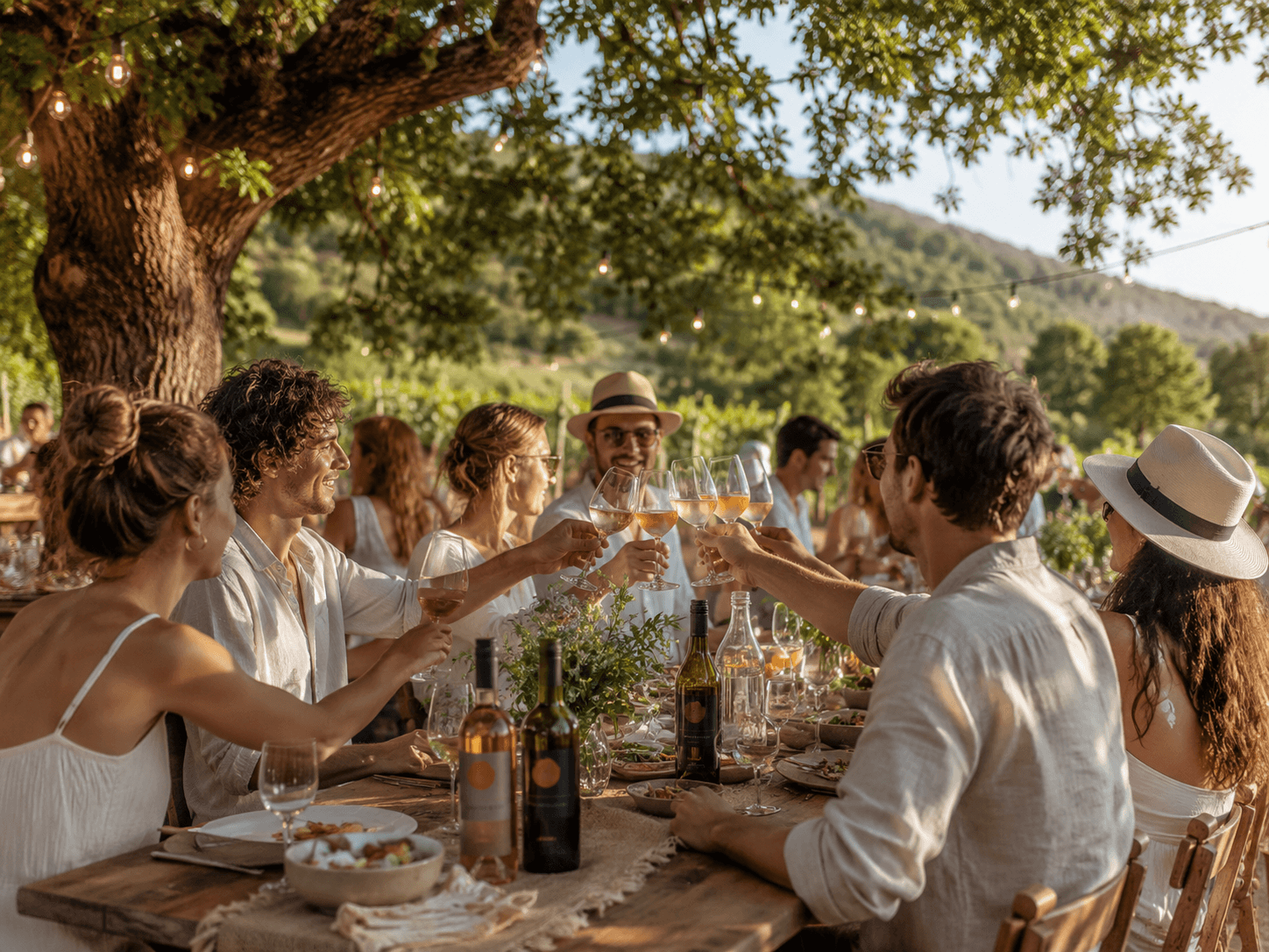Lange Tafel mit Gästen im Weinberg auf dem Deutschhof